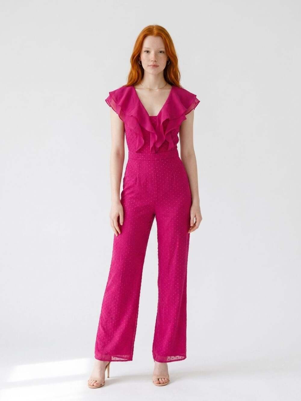 bebe Soft Ruffle Jumpsuit Sangria Pink NWT